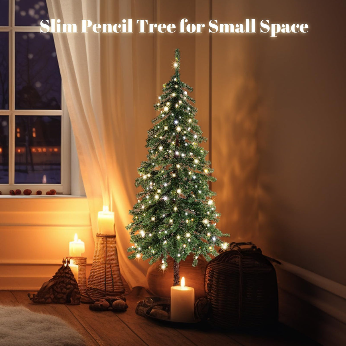 VINGLI 5ft Pre-lit Artificial Christmas Tree with Warm White LED Light, Slim Xmas Tree with 230 Realistic Branch Tips for Home, Office, Party Decoration Indoor Outdoor VINGLI