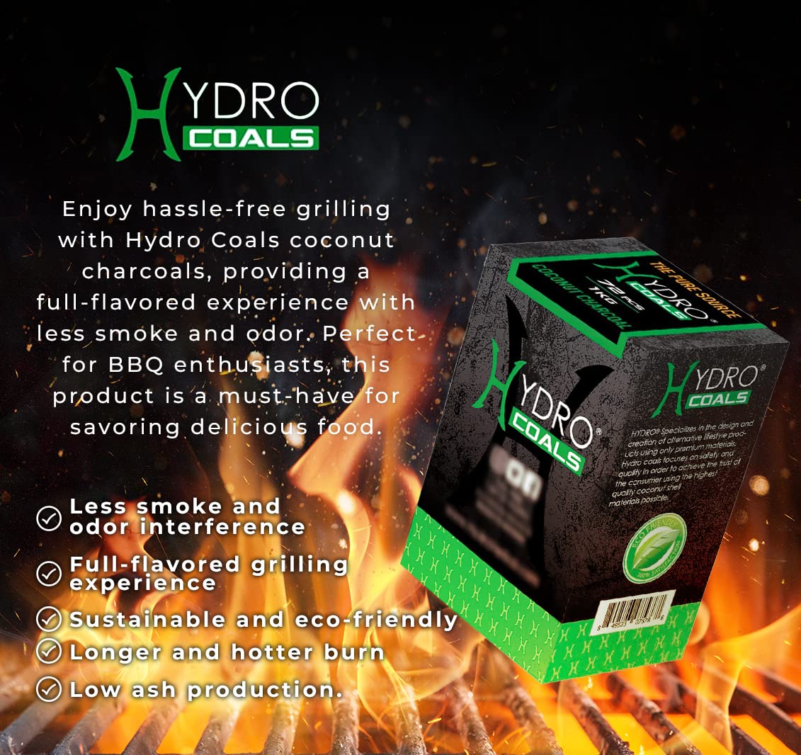 Hydro Coconut Charcoal - Ultimate Grilling & BBQ Experience with Cubes Made of Coconut Shell, Long-Lasting Odorless Charcoal - (1 KG)