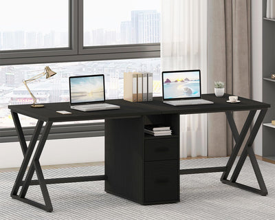 LVB Extra Long Two Person Desk, Large Black Computer Desk with File Drawer, Wood Metal Double Gaming Desk with Storage Cabinet, Modern PC Writing Workstation Dual Executive Home Office Desk, 79 inch