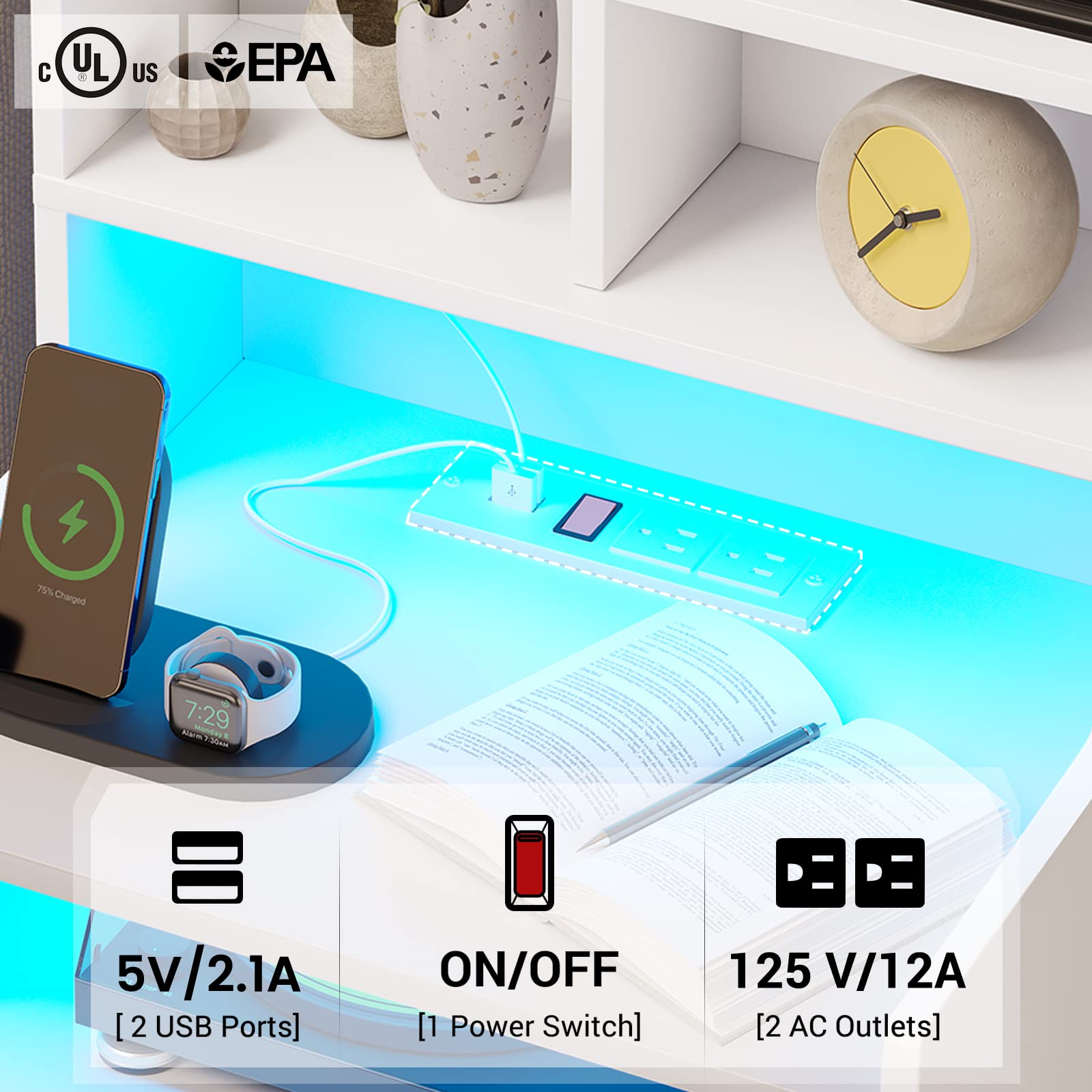 BTHFST Modern LED Tall Nightstand with Charging Station and Bookshelf in White - WoodArtSupply