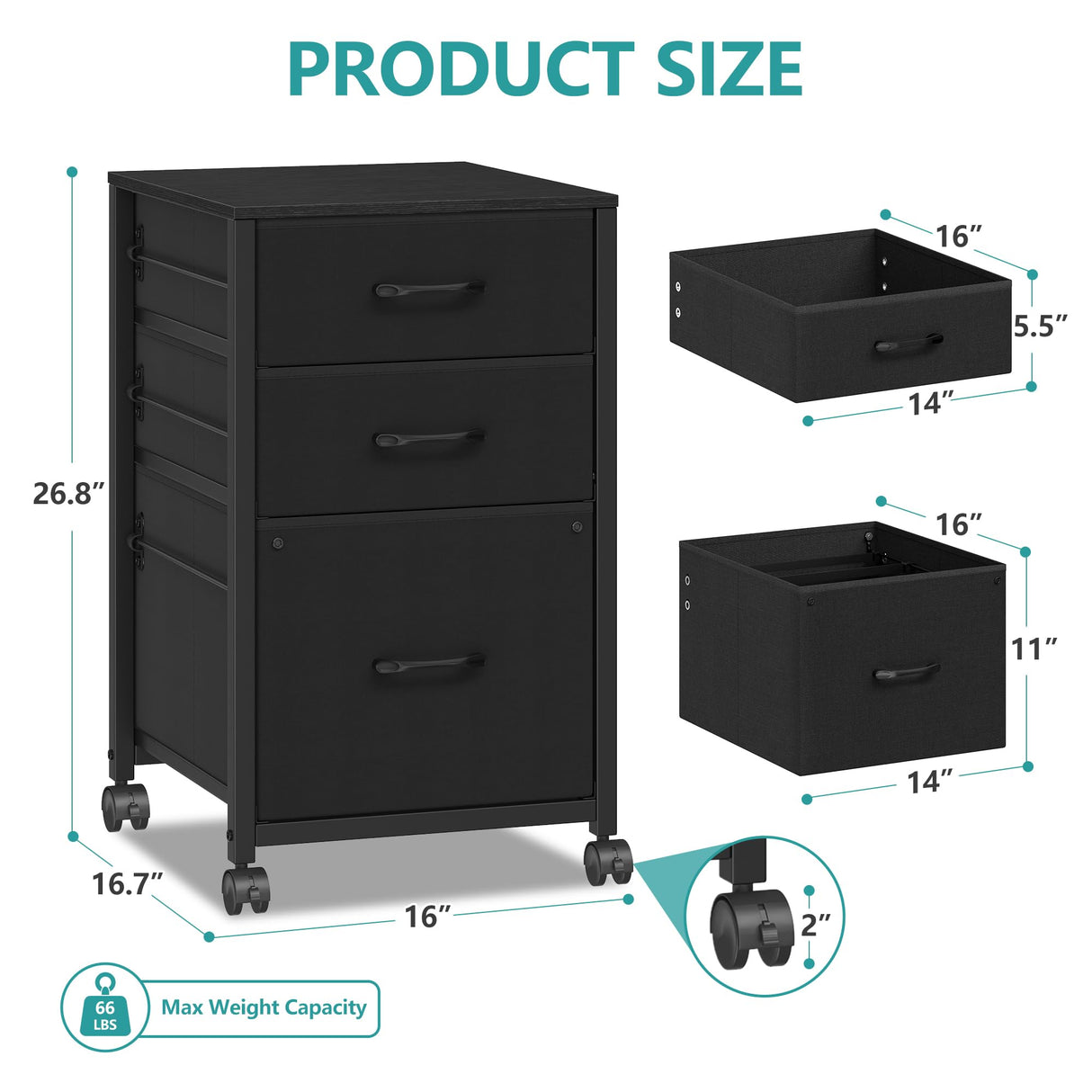 Raybee 3 Drawer File Cabinet Printer Stand Filing Cabinet Rolling File Cabinets for Home Office Fabric Vertical Office Storage Cabinet Fits A4, Legal, Letter Size, 16.9" D*15.6" W*26.6" H, Black Raybee
