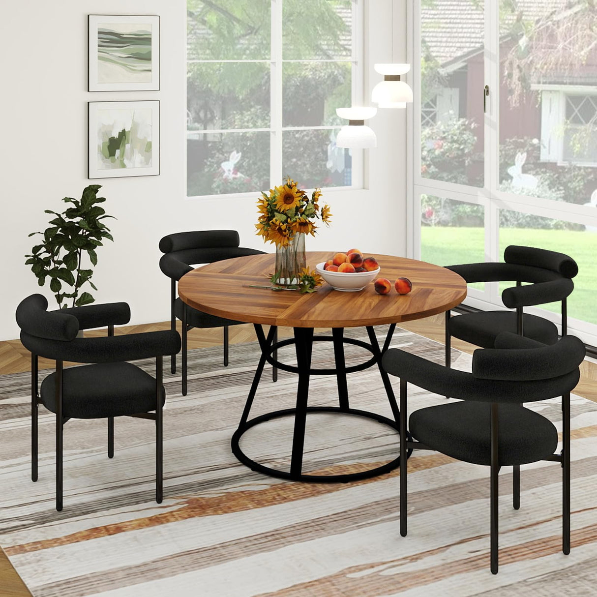 STHOUYN 47” Round Dining Table Set for 4, Small Round Kitchen Table with 4 Boucle Dinner Chairs, Modern Circle 5 Piece Dining Table with Steel Legs (Black) STHOUYN