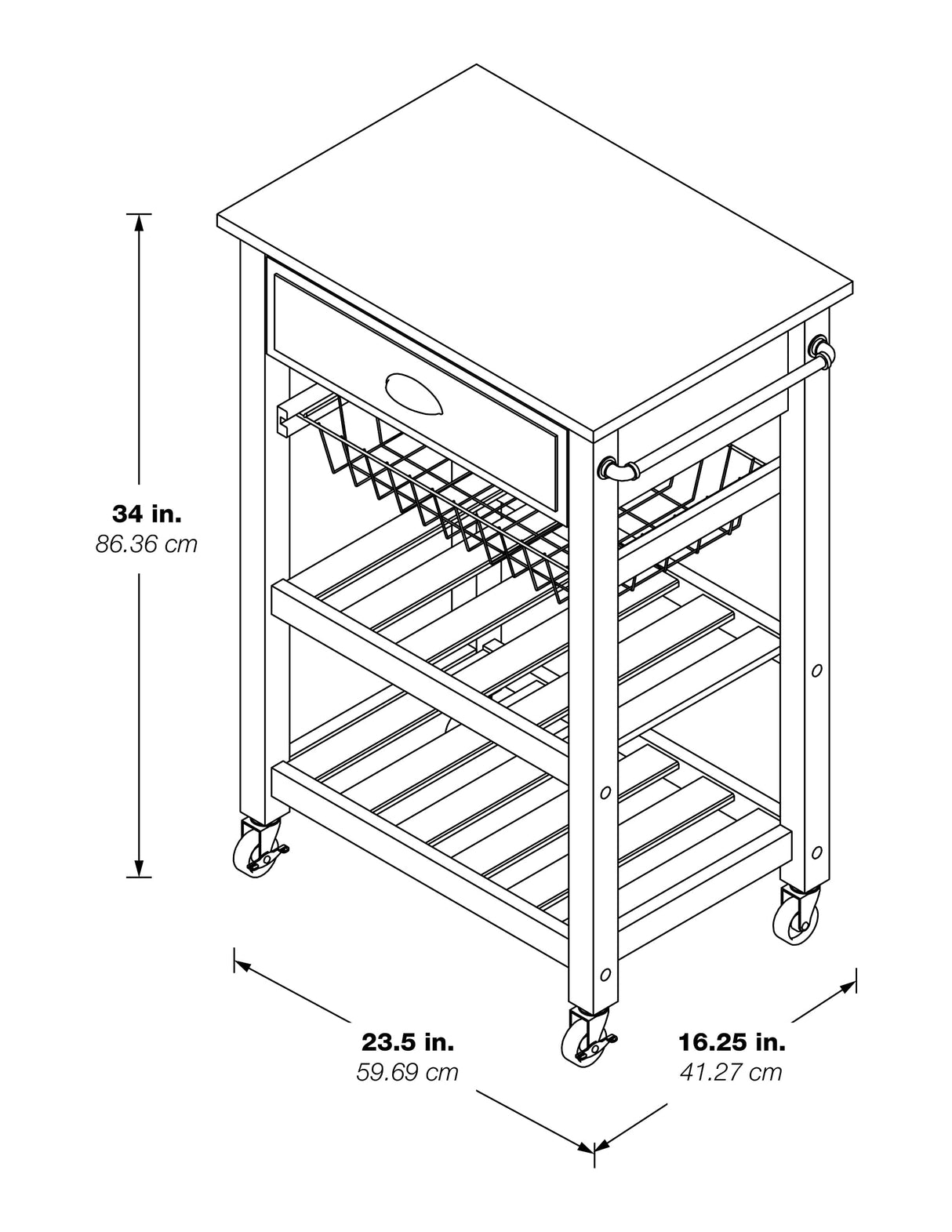 OSP Home Furnishings Hampton Kitchen Cart with Wood Top, Utensil Drawer, Under Cabinet Basket, and 2 Slatted Shelves, Blue Stone Base Office Star Products