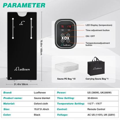 LuxRenew Pro Infrared Sauna Blanket with Touch Screen, Far Infrared Sauna for Home Detox Relaxation, Portable Sauna Infrared Blanket, 113-176℉, 30-60 Minutes Timer, 6 ft x 2.62 ft