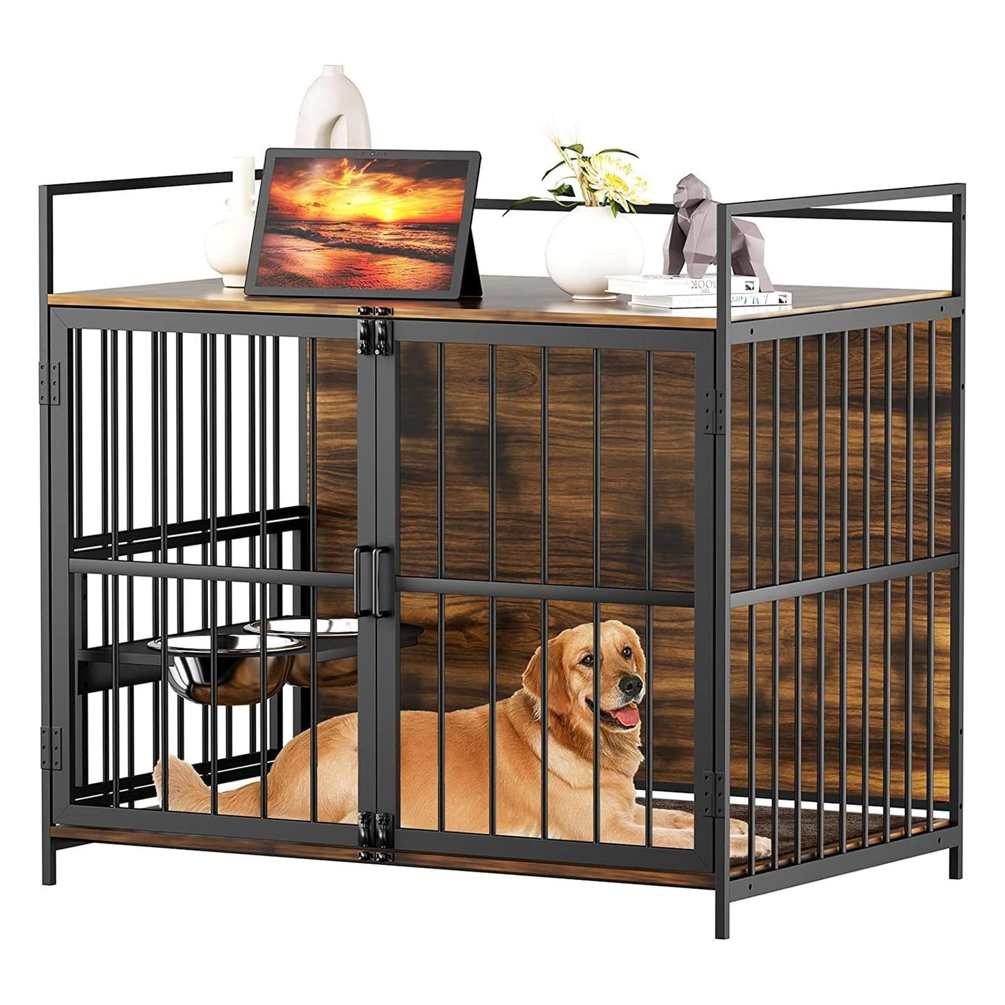 ROOMTEC Furniture Style Large Dog Crate with 360° & Adjustable Raised Feeder for Dogs 2 Stainless Steel Bowls -End Table House Pad, Indoor Use,41" L X 24" W 36" H, Classic Brown - WoodArtSupply