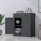 JINGUR Metal Storage Cabinet with Locking Doors and 2 Drawers, Lockable Storage Cabinets with Adjustable Shelf for Home Office and Garage (Black) JINGUR
