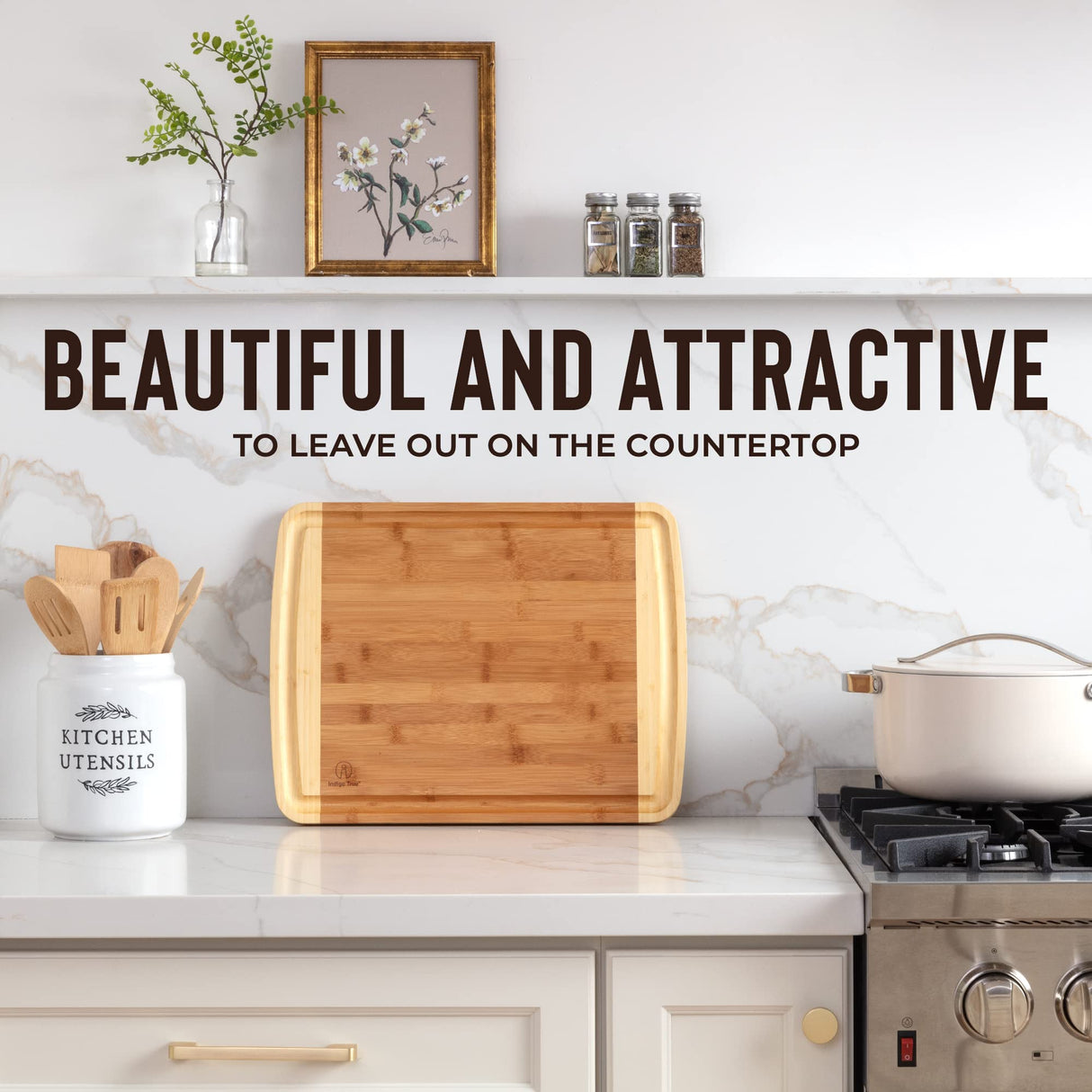 Bamboo Cutting Board - Wood Chopping Board with Juice Groove, Charcuterie Board, Serving Platter Cheese Board, Bread Board, Turkey Meat Cutting Board Indigo True