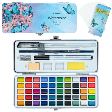 Ohuhu Watercolor Travel Paint Set, Portable Watercolor Kit for Outdoors 50-color with Watercolor Papers, Brush Pen, Acrylic Pen, Pencil and Accessories for Painting, Non-toxic Watercolors Paint for Artists Adults Beginners Kids Gift Idea Ohuhu