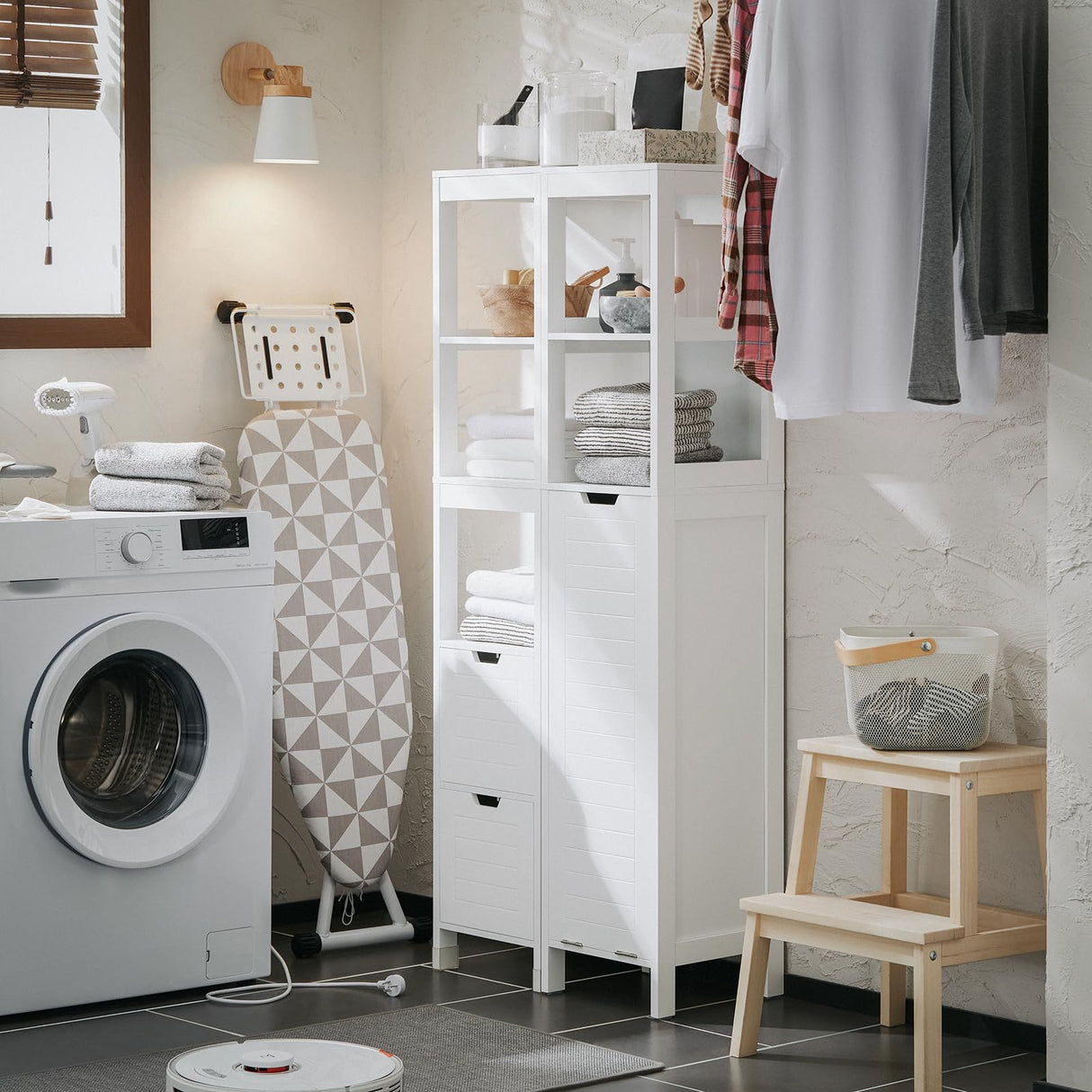 SoBuy Bathroom Slim Tall Cabinet with Removable Laundry Hamper Cupboard Storage Unit Tilt-Out Chest with Shelf, White BZR123-W SoBuy