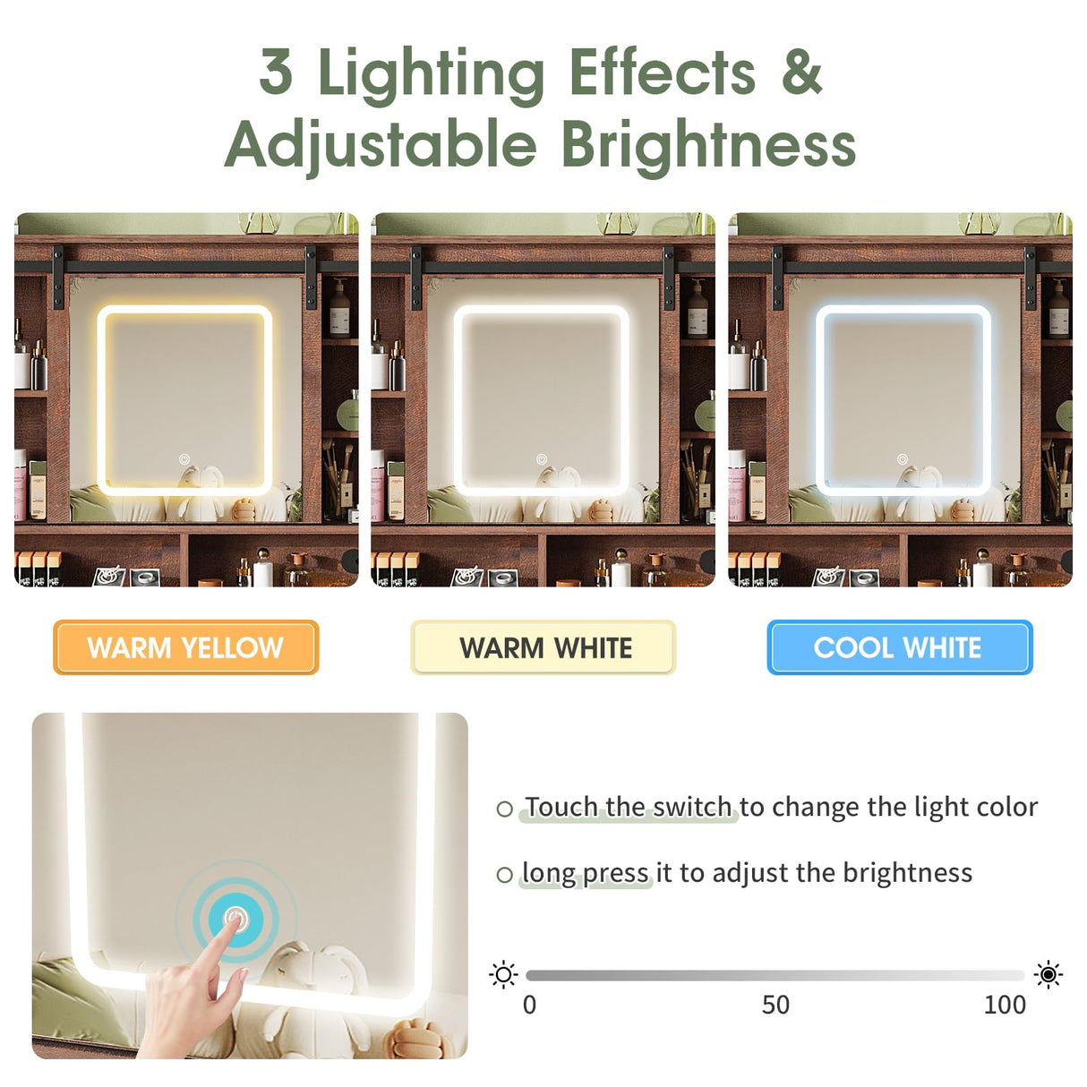 Maupvit Farmhouse Makeup Vanity Desk with Sliding Mirror, 45.5" Vanity Set with 3 Drawers & 2 RGB LED Cabinets & Charging Station, Ample Storage, Stool Included, Brown Maupvit