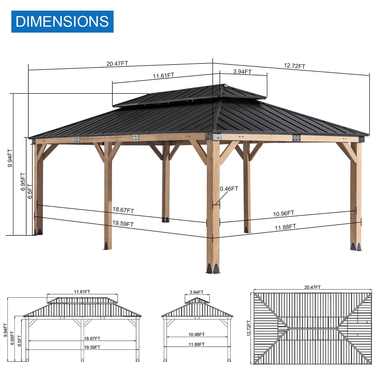 FAB BASED 12x20FT Hardtop Wood Gazebo, Natural Solid Cedar Frame Gazebo with 2-Tier Vented Roof, Outdoor Metal Canopy Pavilion with Netting & Curtains for Deck, Garden, Backyard, Lawn (Khaki) FAB BASED