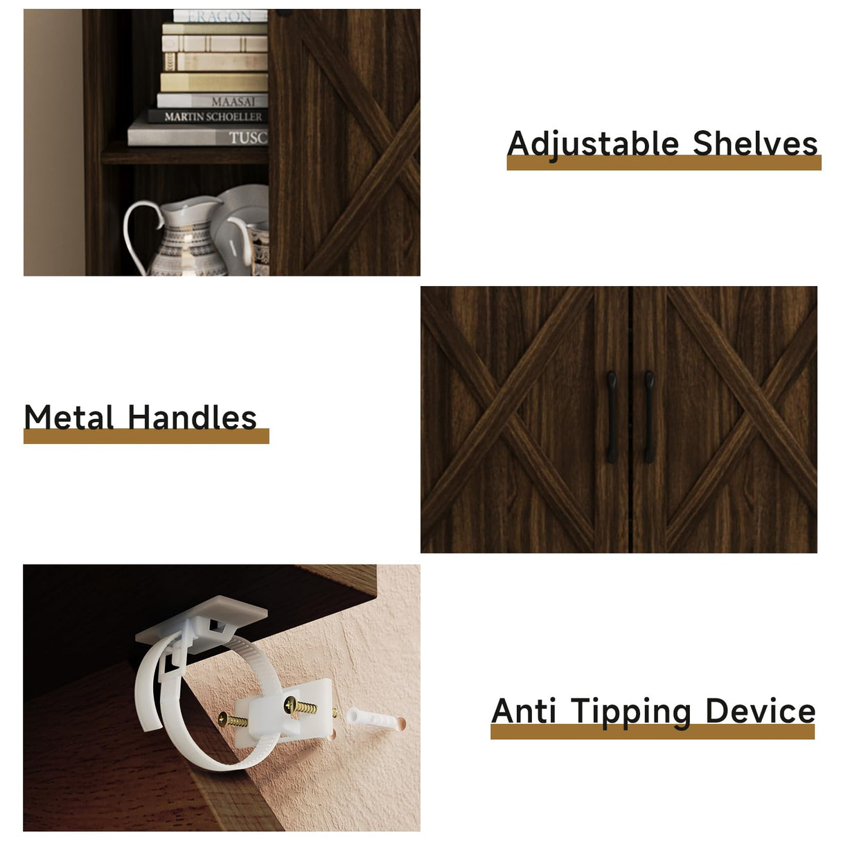 Luoxiao Sideboard Buffet Cabinet with Storage, 55 inch Farmhouse Cabinet with 4 Drawers, Sliding Barn Door, Adjustable Shelves, 32inch Tall Coffee Bar for Living Room, Kitchen, Dark Oak Luoxiao