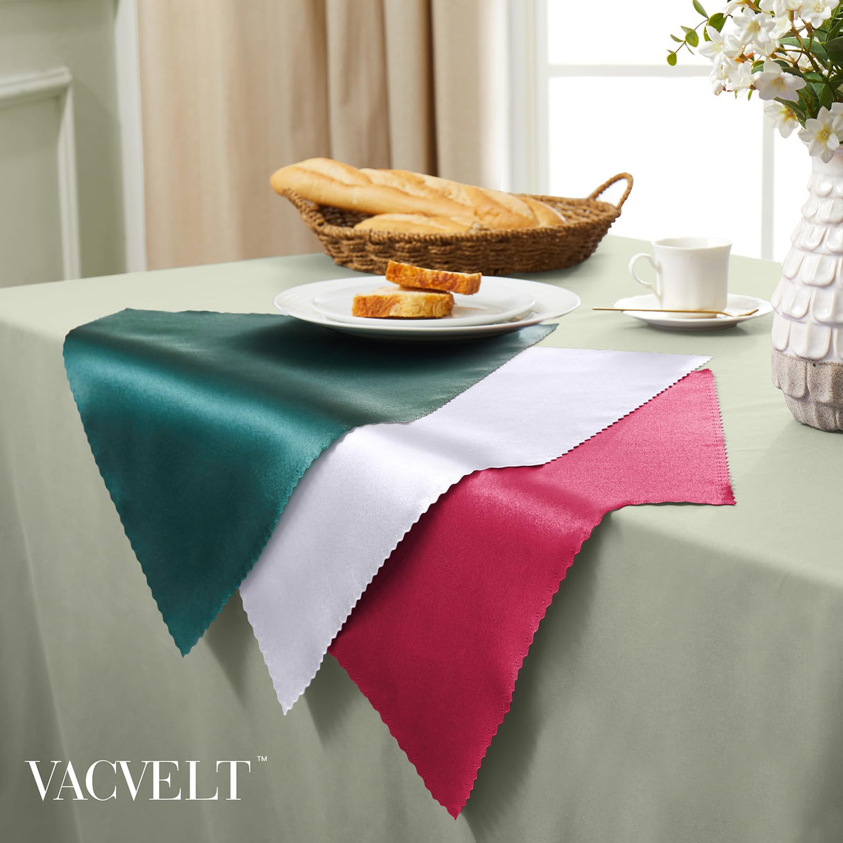 VACVELT 12 Pack White Satin Napkins 12x12 Inch Wedding Napkins, Scalloped Elegant Dinner Napkins Square Table Napkins Decor, Silky Satin Cloth Napkins for Restaurant Banquet Graduation Party VACVELT