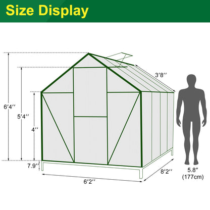 WACASA 8x6 FT Polycarbonate Greenhouse Kit for Outdoors ,Heavy Duty Aluminum Walk-in Greenhouse with Swing Door,Rain Gutter and Ventilation Window,Green House for Sunroom,Garden,Backyard - WoodArtSupply