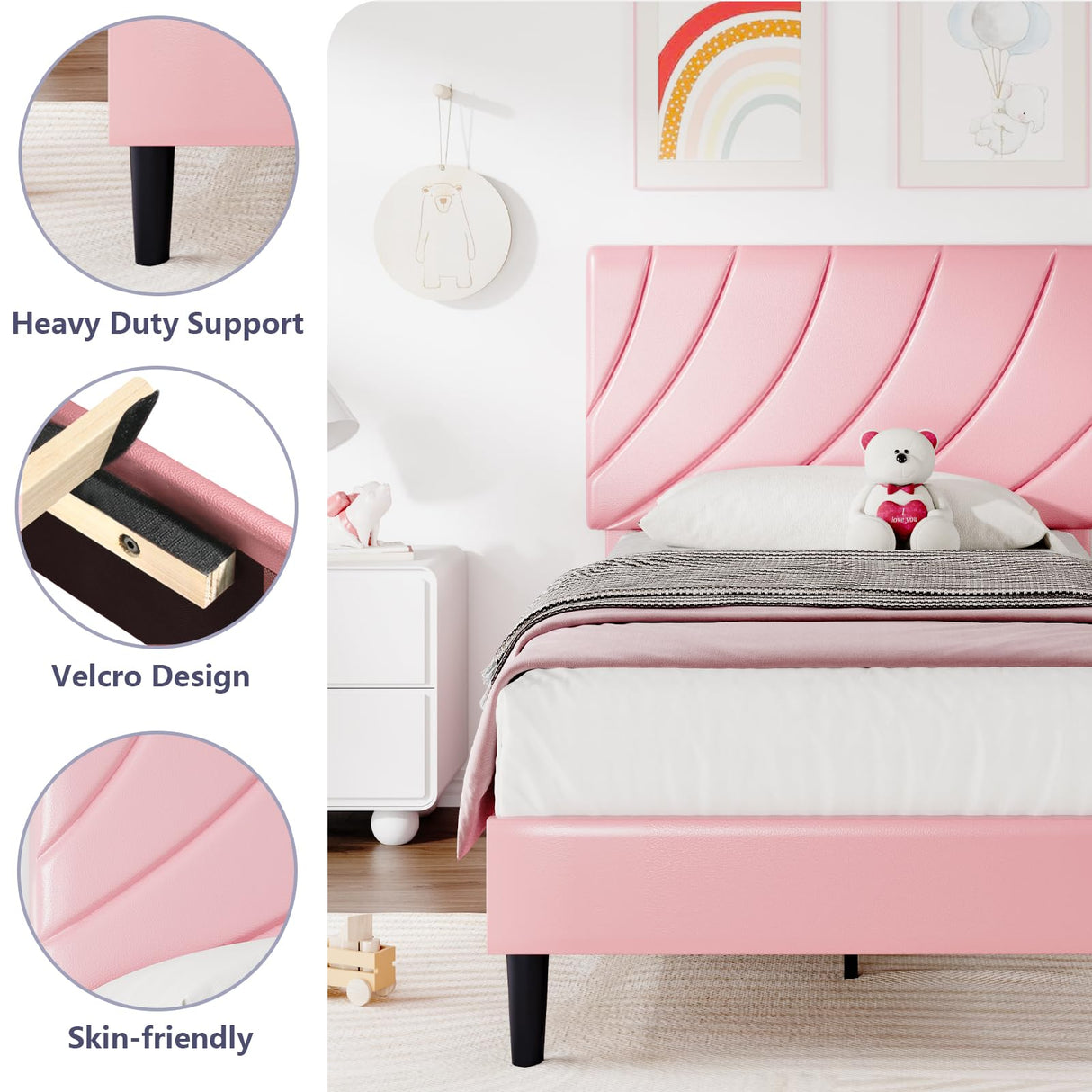 HOMBCK Queen Size Bed Frame/Faux Leather Upholstered Platform Bed with Headboard/Strong Wooden Slats/No Box Spring Needed/Easy Assembly/Pink HOMBCK
