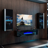 AMERLIFE Wall Unit Entertainment Center with 36" Electric Fireplace, Includes 68" Floating Fireplace TV Stand, 2 x Wall Cabinets, Modern LED Light Media Console Table for Living Room, Black/White AMERLIFE