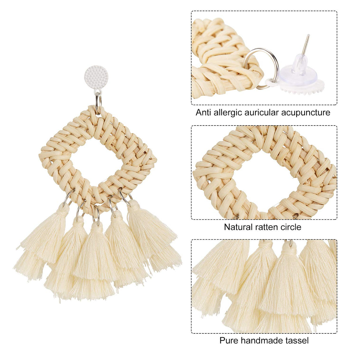 4 Pairs Rattan Earrings Lightweight Geometric Tassel Woven Bohemian Earrings Handmade Straw Wicker Braid Hoop Drop Dangle Earrings For Women Girls (Stylish) meekoo
