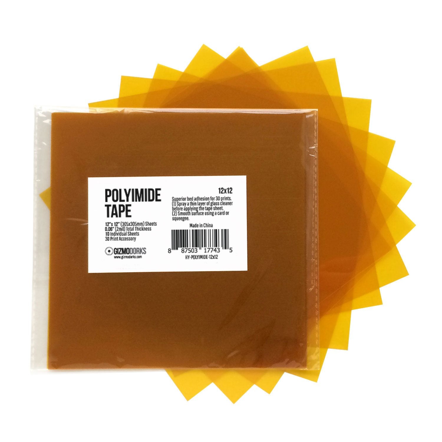 Gizmo Dorks Kapton Tape (Polyimide) for 3D Printers and Printing, 12 x 12 inches, 10 Sheets per Pack - WoodArtSupply