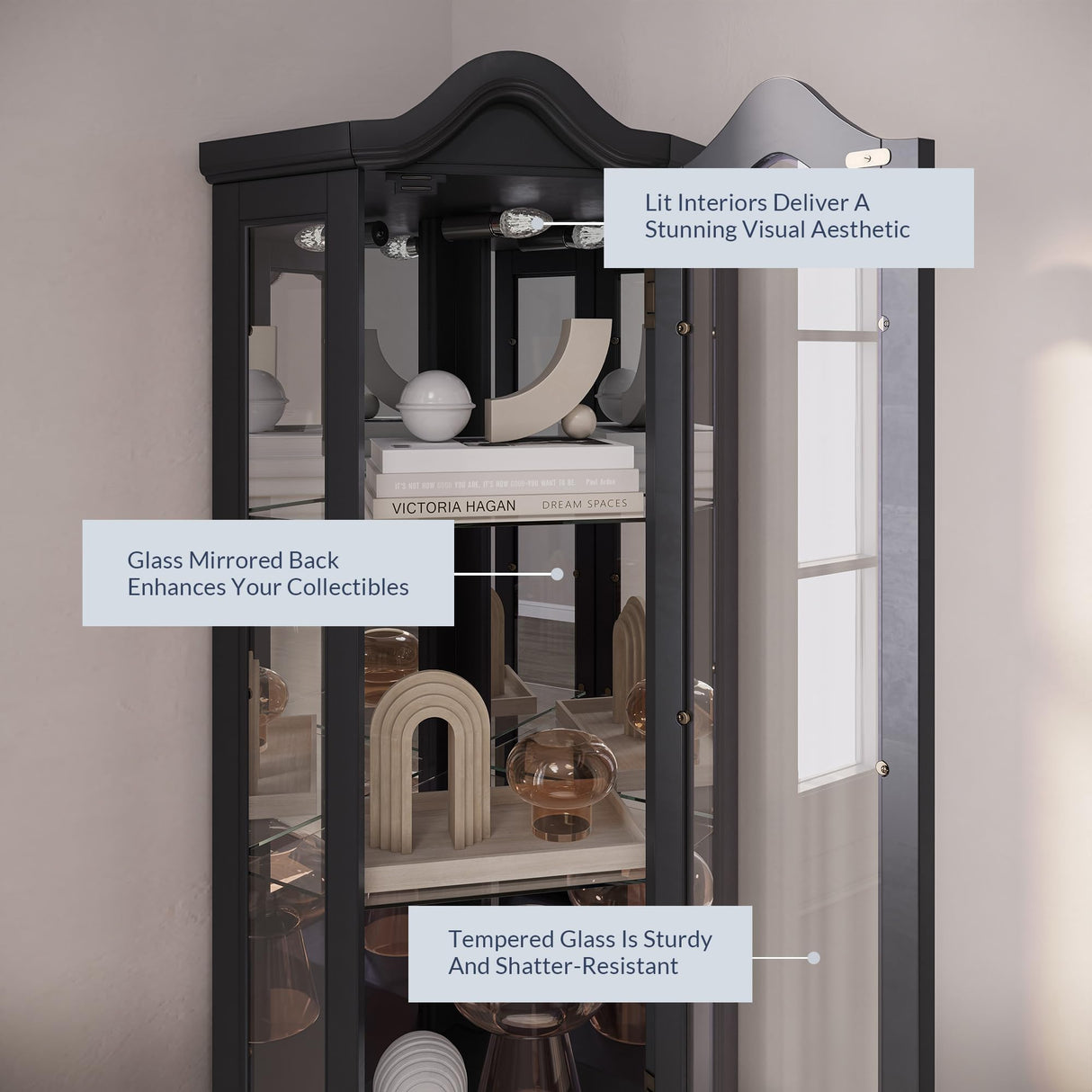 BELLEZE Lighted 3-Side Glass Display Curio Cabinet w/Tempered Glass Doors and Shelves, Curved Wood Corner Cabinet with Bulb, Corner Storage Rack for Living Room and Kitchen (Black) BELLEZE