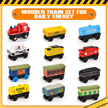 Atoylink 12Pcs Wooden Train Set Magnetic Train Toys for Toddlers Kids Engine Vehicles Toy Train Cars for Boys Girls Compatible with Train Tracks - WoodArtSupply