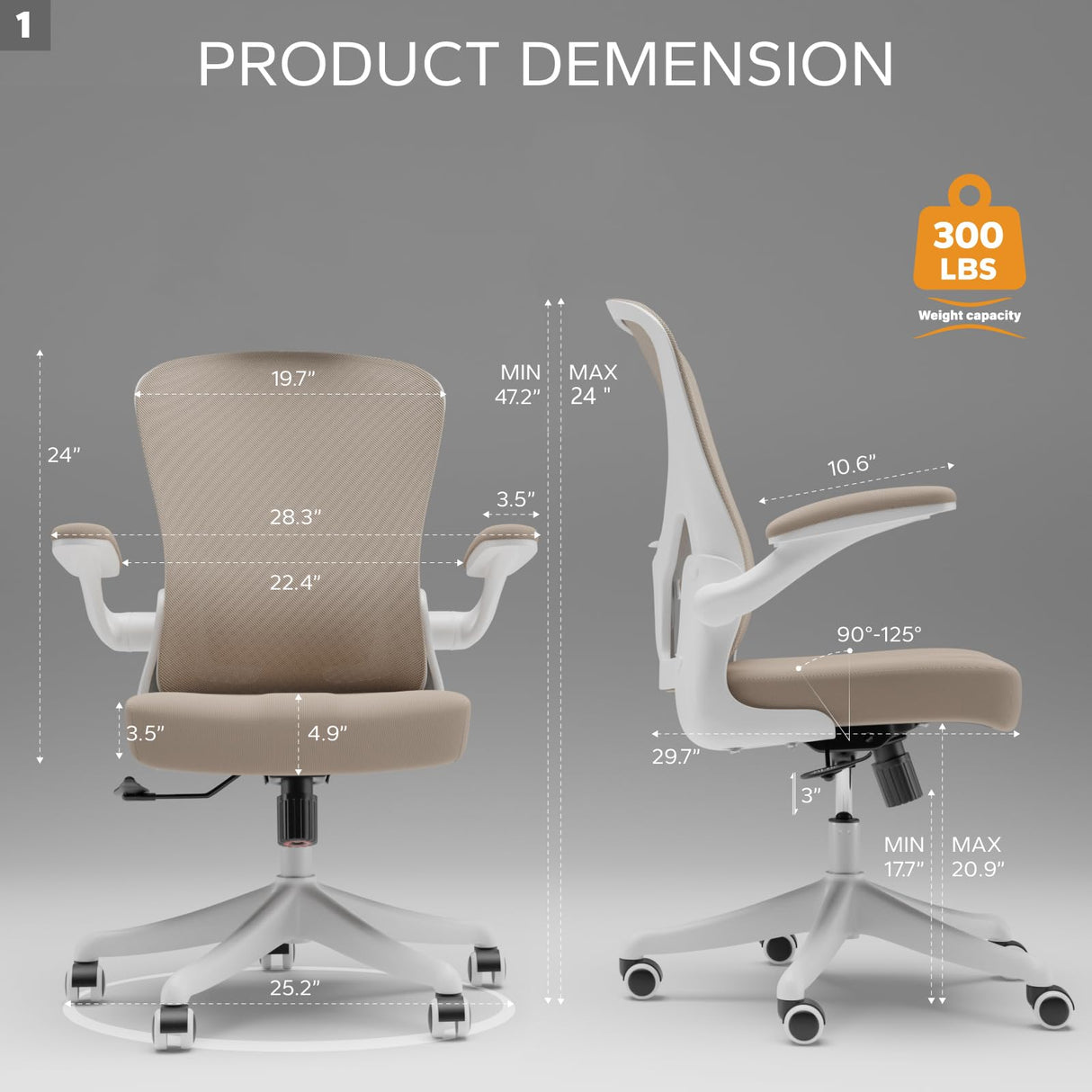 SICHY AGE Office Chair, Ergonomic Desk Chair with Flip-Armrest & Cushion for Lumbar Support, Mid Back Computer Chair with Thickened Cushion, Desk Chair Comfy with Wheels for Study and Work, Khaki SICHY AGE