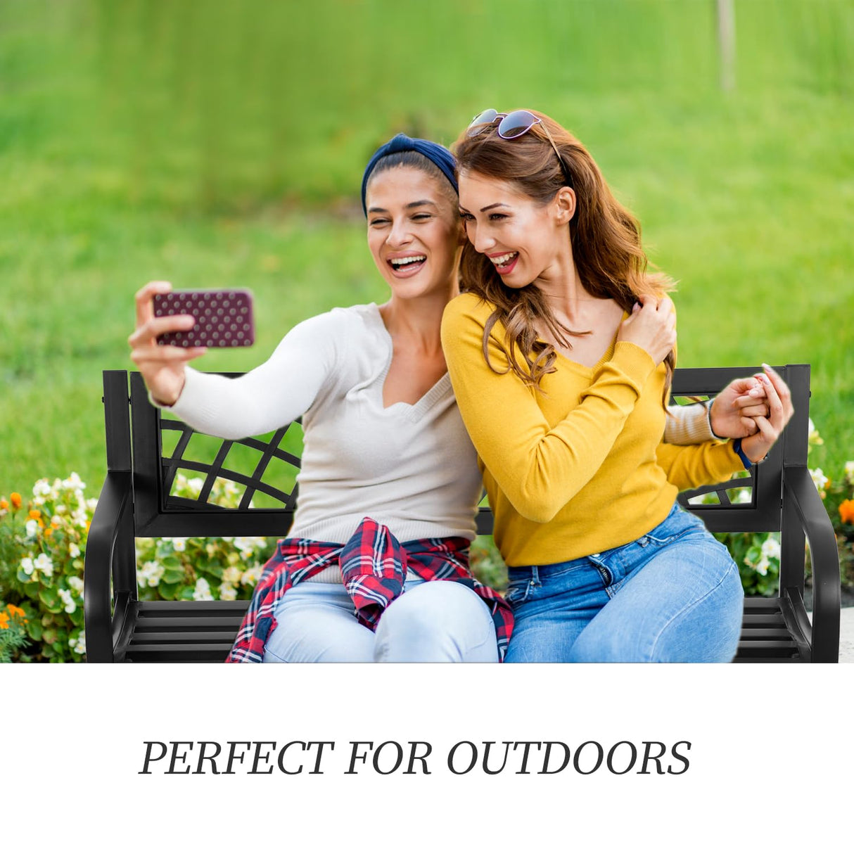 BestMassage Outdoor Garden Bench,Iron Steel Frame Patio Bench with Mesh Pattern and Plastic Backrest Armrests for Porch,Lawn,Garden,Park,Yard,Black BestMassage