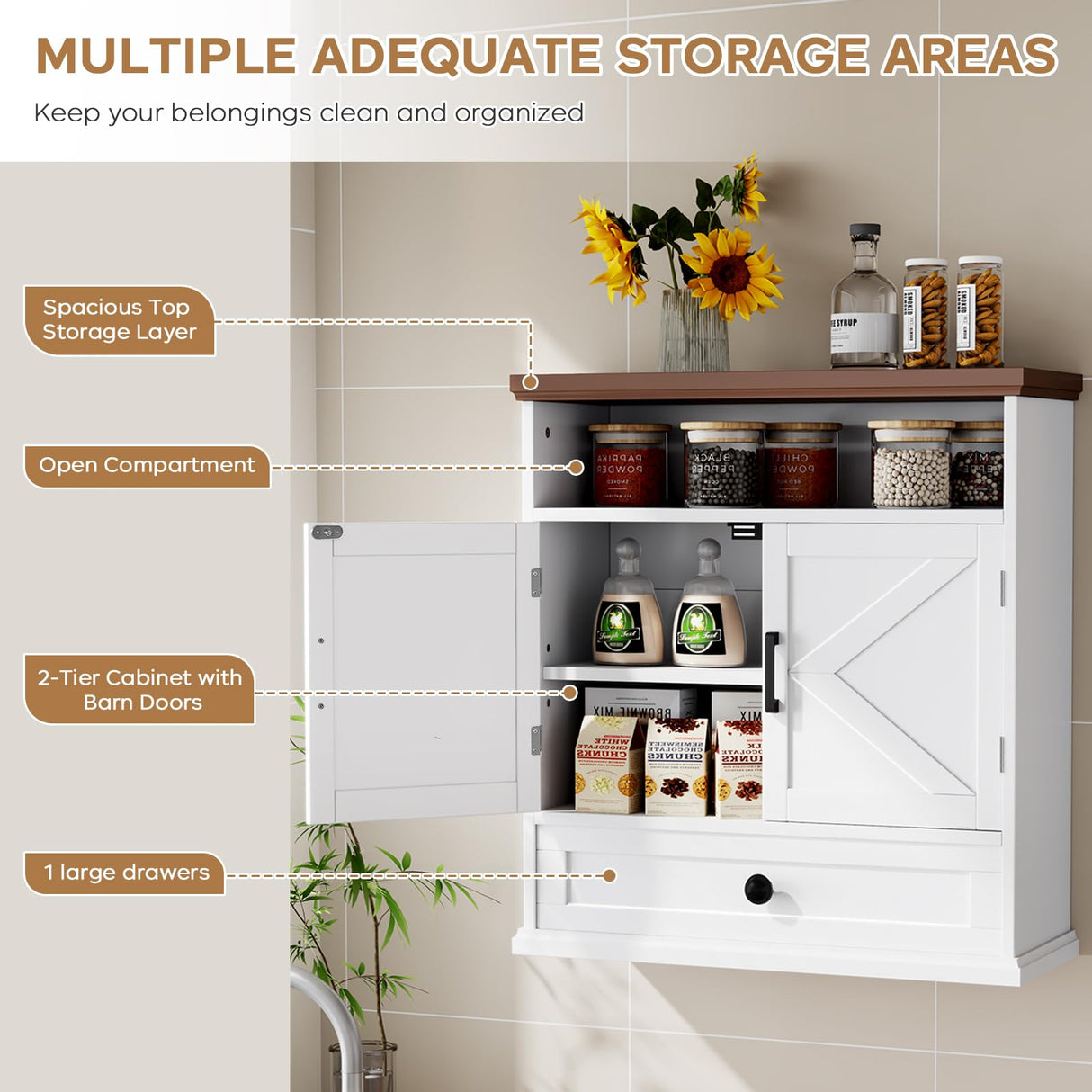 Bathroom Wall Cabinet, Farmhouse Wall Mounted Medicine Cabinet with Drawer, Barn Doors and Adjustable Shelf, 25"H x 23.6"W x 9"D White Over Toilet Storage Cabinet for Kitchen, Laundry Room, Entryway Viroformo