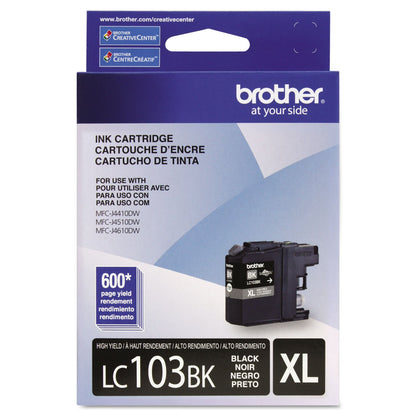 Brother Genuine High Yield Black -Ink -Cartridge, LC103BK, Replacement Black -Ink, Page Yield Up To 600 Pages, Amazon Dash Replenishment -Cartridge, LC103, 1 OEM -Cartridge