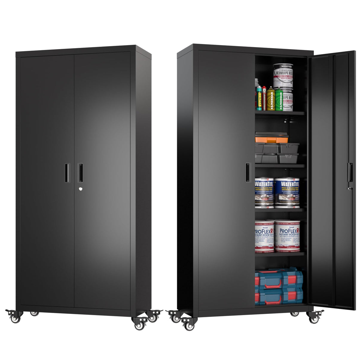 Aobabo 73" H Metal Storage Cabinet with Wheels, Locking Garage Tool Cabinet with 4 Shelves, Black, Assembly Required Aobabo