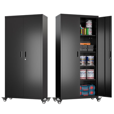 Aobabo 73" H Metal Storage Cabinet with Wheels, Locking Garage Tool Cabinet with 4 Shelves, Black, Assembly Required Aobabo