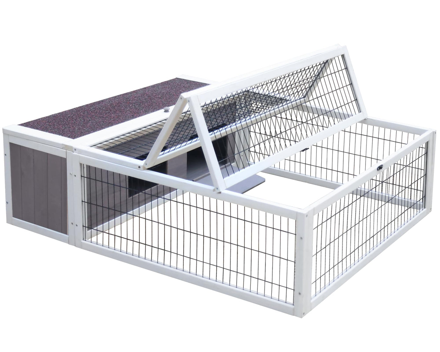 Tortoise House Habitat Wooden with Waterproof Cover, Chicken Coop with Run Rabbit Hutch Small Animal Hutch Enclosure Indoor/Outdoor-Grey + White Trim