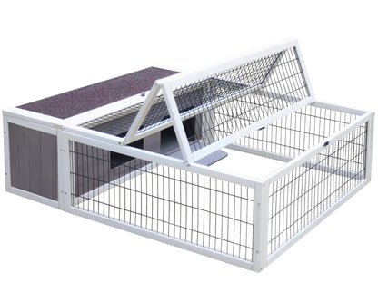 Tortoise House Habitat Wooden with Waterproof Cover, Chicken Coop with Run Rabbit Hutch Small Animal Hutch Enclosure Indoor/Outdoor-Grey + White Trim