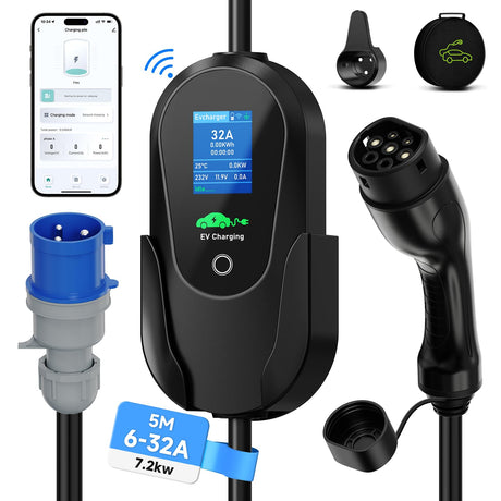 AFYEEV 7.2kW 5M Type 2 Charging Cable, 6/8/10/13/16/20/24/32A Adjustable Current, Charging Cable Type 2, Charging Cable Electric Car Type 2, Charging Cable Type 2, EV Charger with Bag AFYEEV