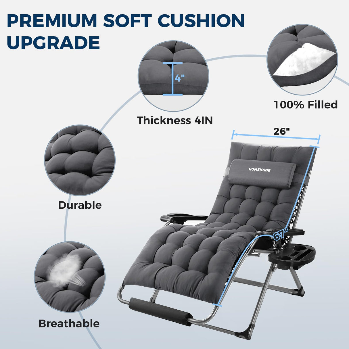 HOMSHADE XXL Zero Gravity Chair with Cushion, 33In Oversized Zero Gravity Lounge Chair, Patio Outdoor Recliner Chair for Indoor Outdoor with Headrest, Cup Holder, Footrest Support 500Lbs, Grey HOMSHADE