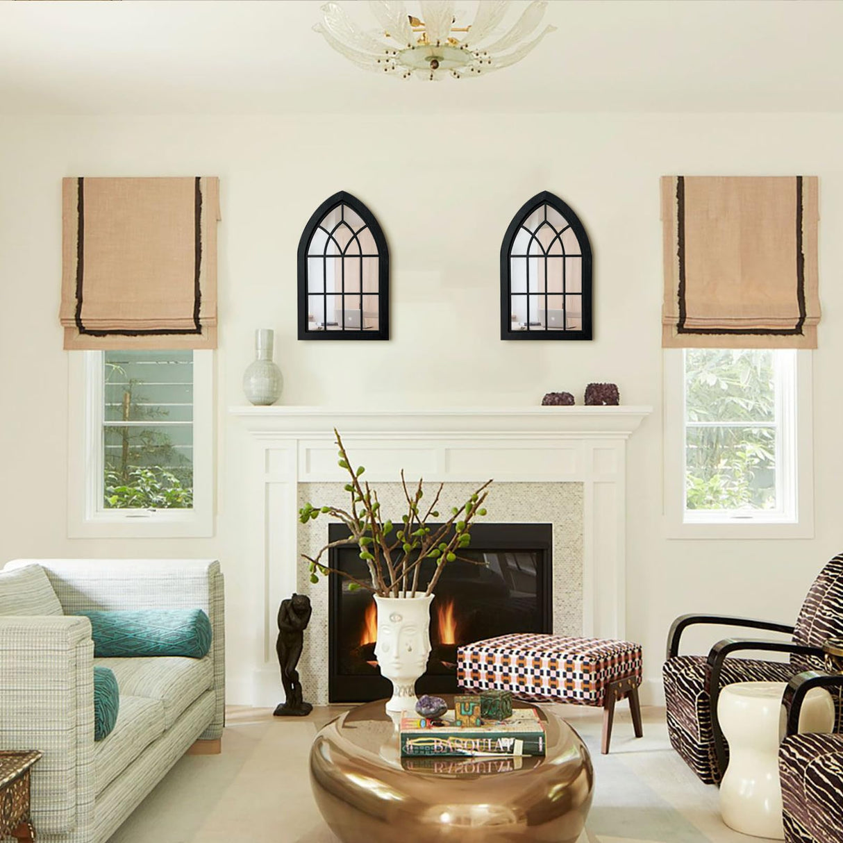 ZEXUIRU 2PCS Arched Window Wall Mirror,Rustic Farmhouse Accent Mirror, Wood Framed Entry Mirror for Living Room,Bathroom,Bedroom,Kitchen,15.5 * 9.8 Inch ZEXUIRU