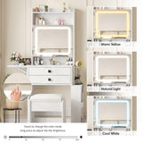 Vabches Small Makeup Vanity Desk with 3 Adjustable Lighted Mirror, White Vanity Set with Fold-up Panel and Charging Station, Glass Top Dressing Table with Drawers and Chair, 2 Hidden Storage Shelves Vabches