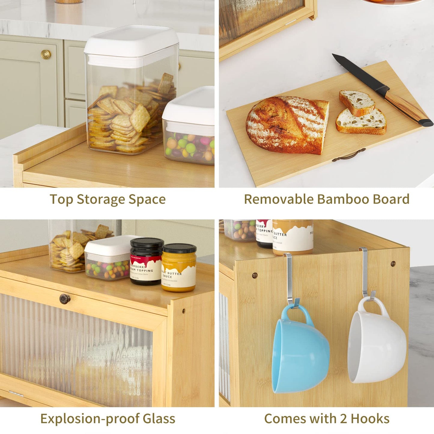 Large Bread Box for Kitchen Countertop - Bamboo Bread Storage Container with Cutting Board and Clear Plexiglass Window, Bread Bin, Farmhouse Bread Box, Bread Holder For Kitchen Counter (Self-Assembly)