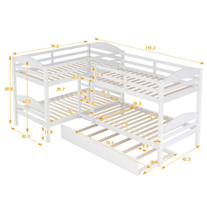 Harper & Bright Designs Quad Bunk Bed with Trundle, L Shaped Bunk Bed for 4 Kids, Wooden Twin Bunk Bed Frame for Kids Teens Adults - White