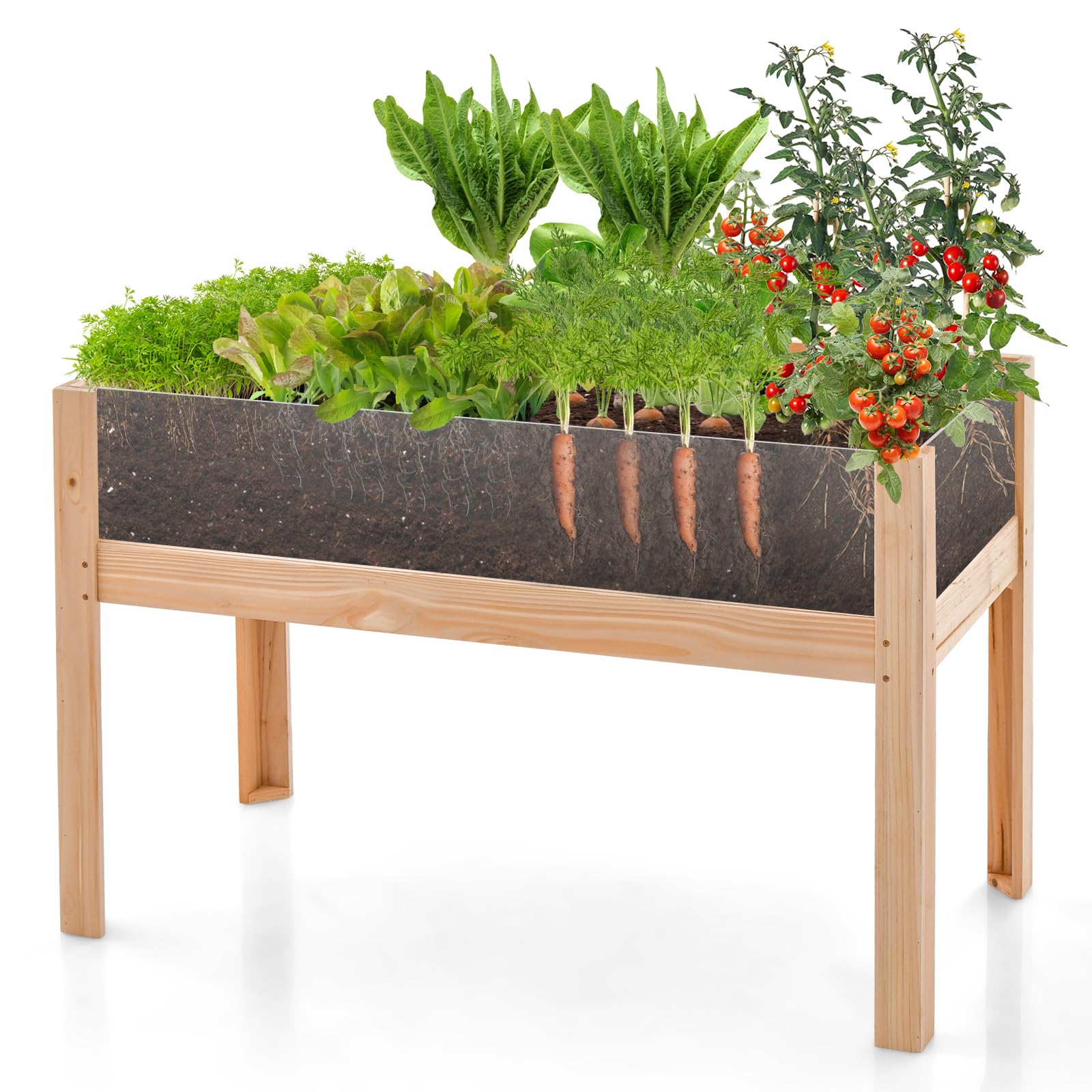 HAPPYGRILL Raised Wooden Garden Bed with Legs, 31” Elevated Planter Box with 2 Acrylic Panel Sides, Drain Holes, Movable Beds, Plant Terrarium with Stand for Vegetables, Fruits, Herbs, Flower - WoodArtSupply