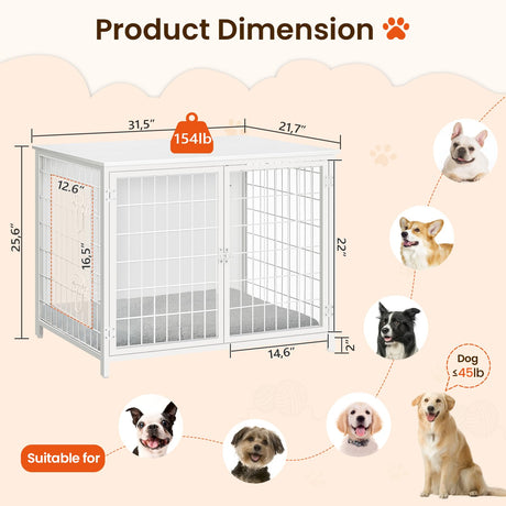 MAHANCRIS Dog Crate Furniture with Cushion, Wooden Dog Kennel with Double Doors, Heavy Duty Dog Cage for Small/Medium/Large Dogs, Indoor Dog House End Table, 31.5" L, White DCBW0701 MAHANCRIS