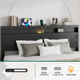 PAUKIN King Size Bed Frame with Headboard, Rustic Farmhouse Wood Bed Frame with LED Lights and Charging Station, Easy Assembly, No Box Spring Needed (Black, King) PAUKIN