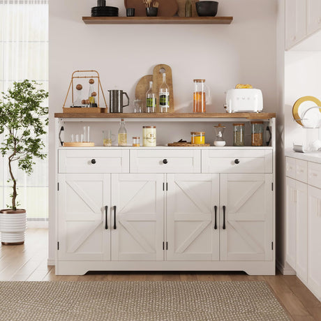 Befrases Farmhouse Buffet Cabinet with Drawers & Open Shelf, Sideboard Storage Cabinet, Kitchen Hutch Pantry, Wood Coffee Bar Station Cabinet for Kitchen, Dining Room, Hallway, 52" L White Befrases
