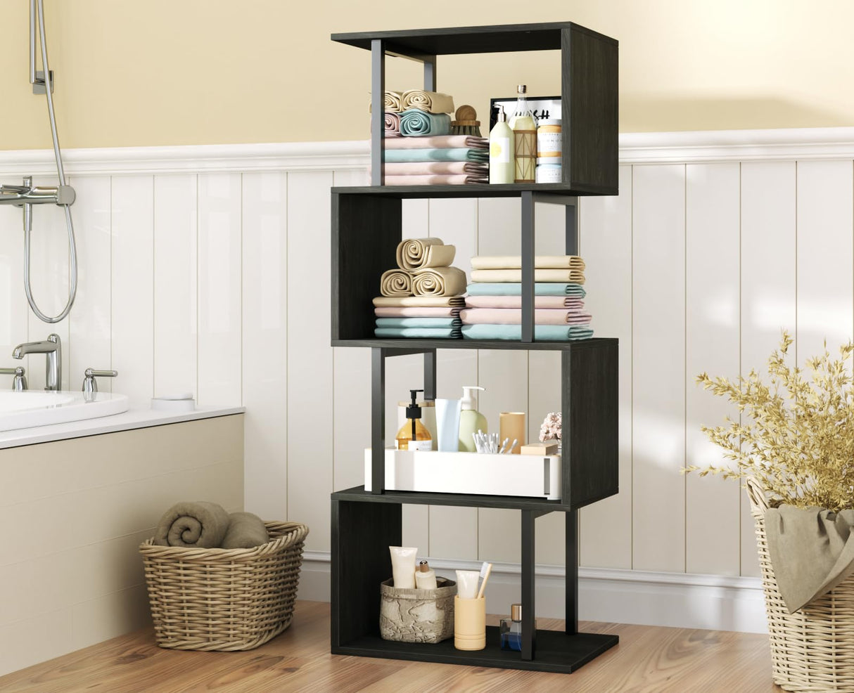 Furologee Geometric Bookshelf 5 Tier Bookcase, Industrial S-Shaped Display Storage Shelf for Small Space, Tall Metal Wood Decorative Standing Shelves for Bedroom, Living Room, Office, Black Oak Furologee