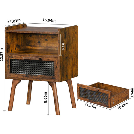 Lerliuo Rattan Nightstands Set of 2, Boho Side Table with Drawer Open Shelf, Cane Accent Bedside End Table with Solid Wood Legs for Bedroom, Dorm and Small Spaces (Brown) Lerliuo