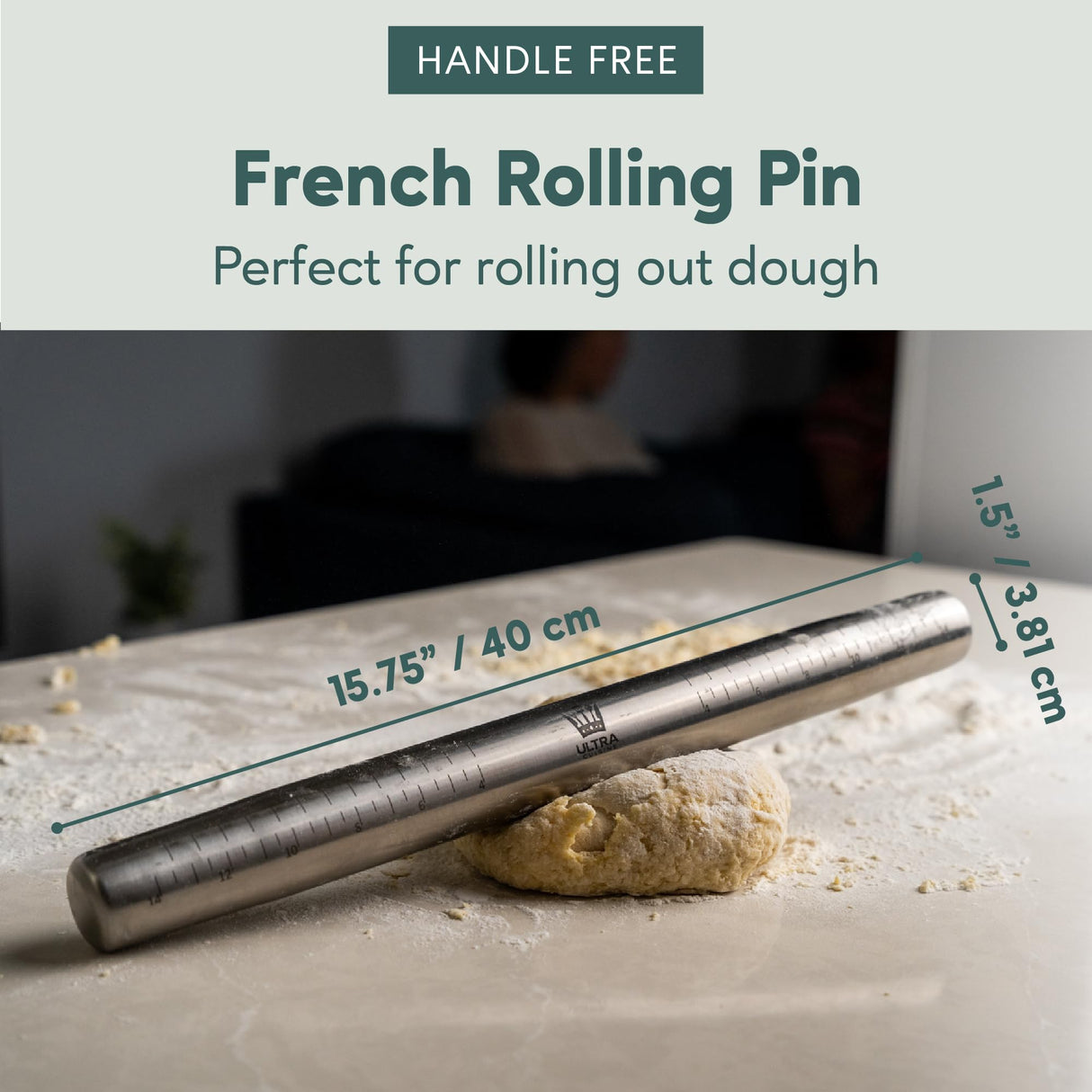 Ultra Cuisine French Rolling Pin for Baking – Tapered Stainless Steel Design with Measurements, Professional or Home Use with Pizza, Cookie, & Pastry Dough, or Fondant and Pie Crust – Dishwasher-Safe Ultra Cuisine