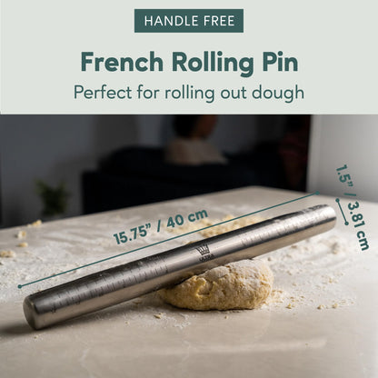 Ultra Cuisine French Rolling Pin for Baking – Tapered Stainless Steel Design with Measurements, Professional or Home Use with Pizza, Cookie, & Pastry Dough, or Fondant and Pie Crust – Dishwasher-Safe