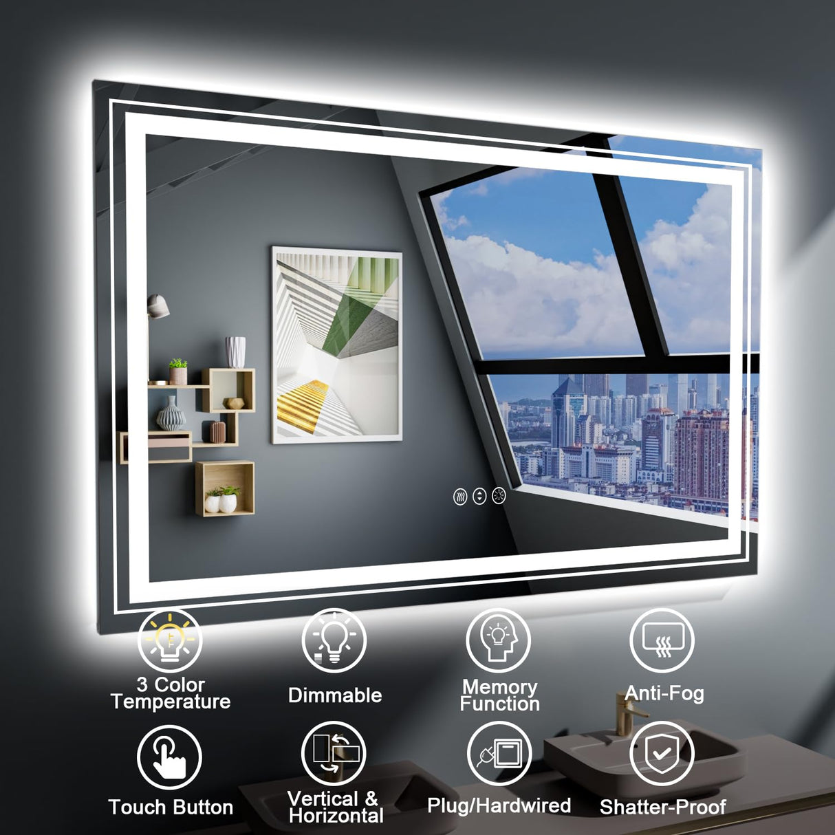 Snowdool LED Bathroom Mirror, 72"x40" with Front and Backlit, Anti-Fog, Large Bathroom Vanity Mirror for Wall, Memory Function, Stepless Dimmable, Tempered Glass (Horizontal/Vertical) Snowdool