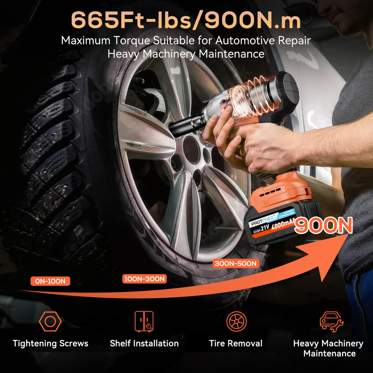 Cordless Impact Wrench, 665Ft-Ibs (900N.m) 1/2" Electric Impact Wrench, 21V Power Impact Drill with 2x 4.0Ah Battery, 6 Sockets, 8 Drill, 6 Screws, Impact Gun Variable Speeds for Car/Truck/Mower Protmex