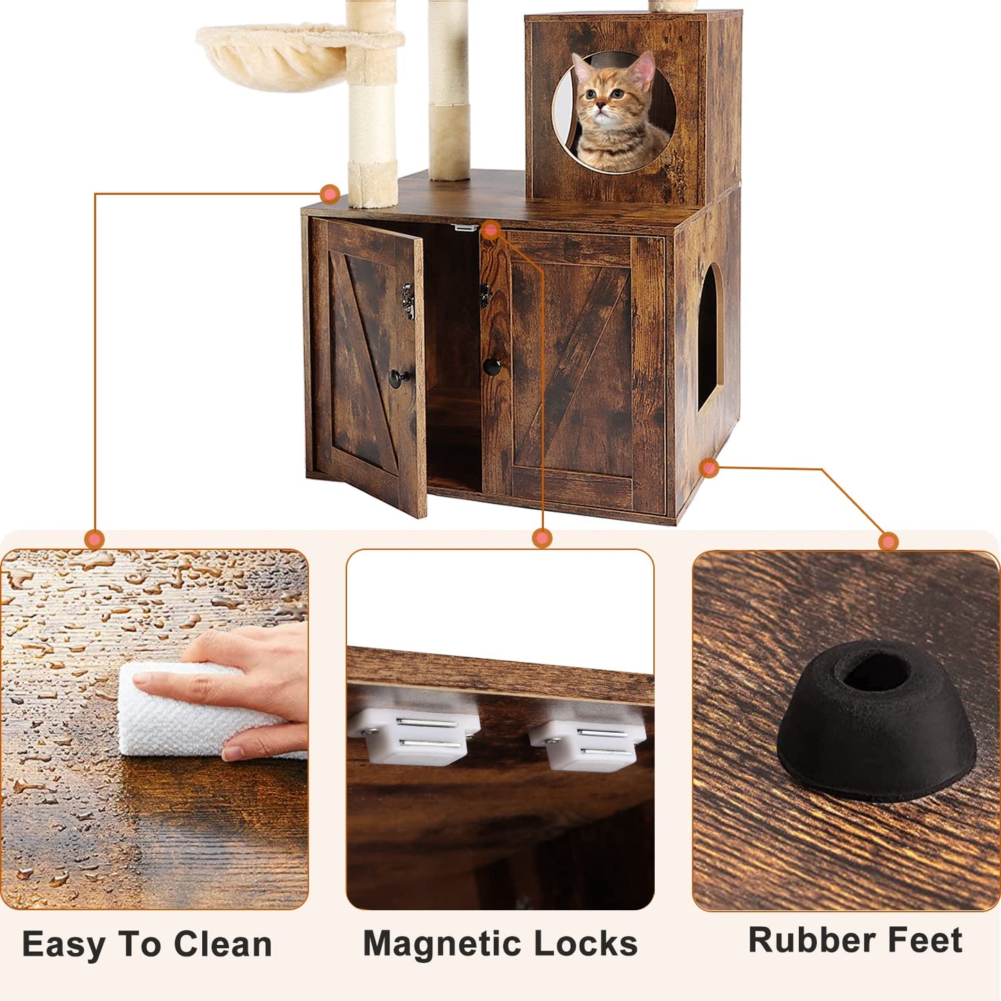 Timberer Litter Box Enclosure with Cat Tree, Wooden Cat House with Cat Tree Tower, Hidden Cat Litter Box Furniture with Scratching Post, Modern Cat Condo, Rustic Brown - WoodArtSupply