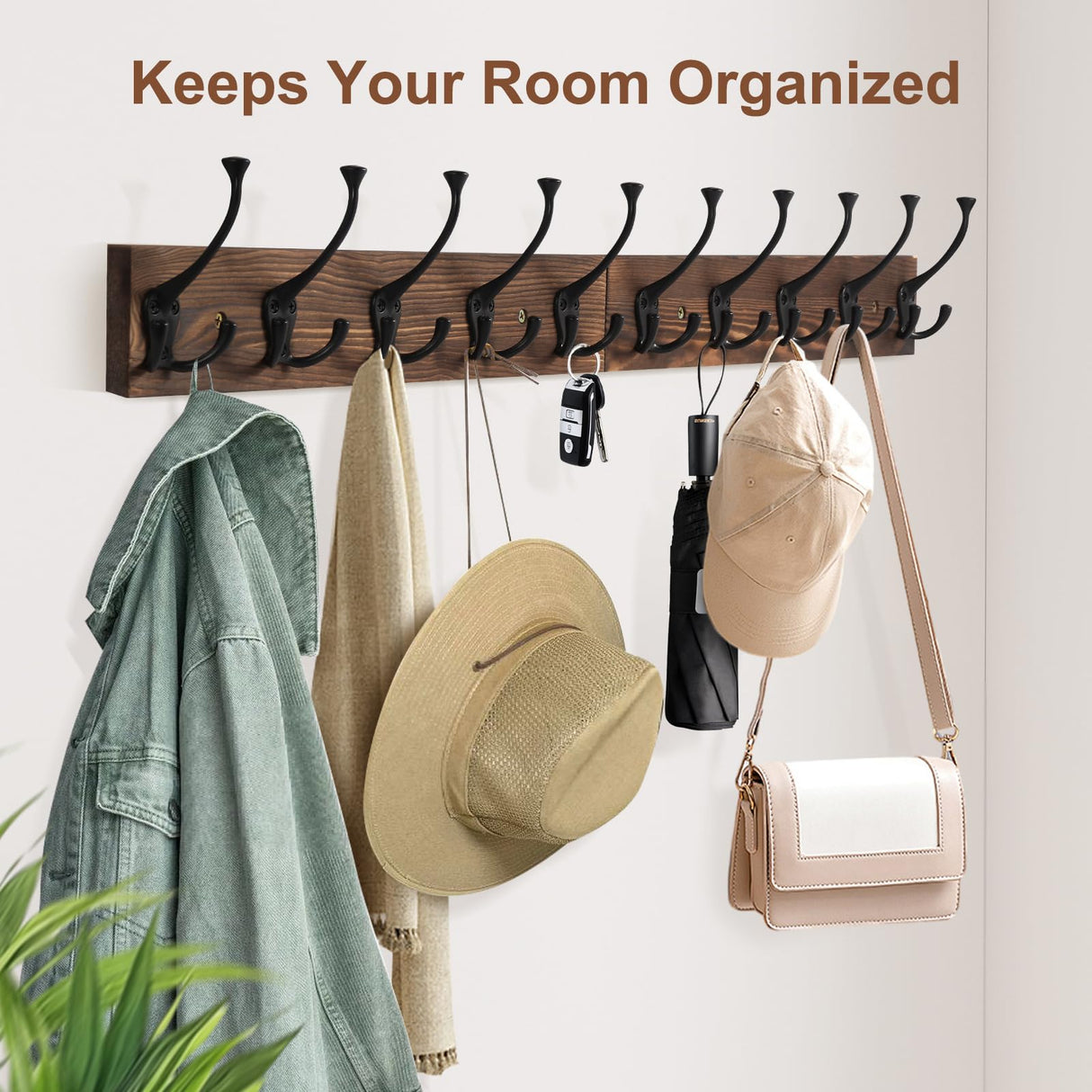 Gohiuo Rustic 34" Large Coat Rack Wall Mount, Long Wood Coat Hooks with 10 Triple Hooks, Heavy Duty Wooden Coat Hanger Wall Mount for Entryway, Farmhouse Hanging Jackets, Coats, Hats, Bags,Towel Gohiuo